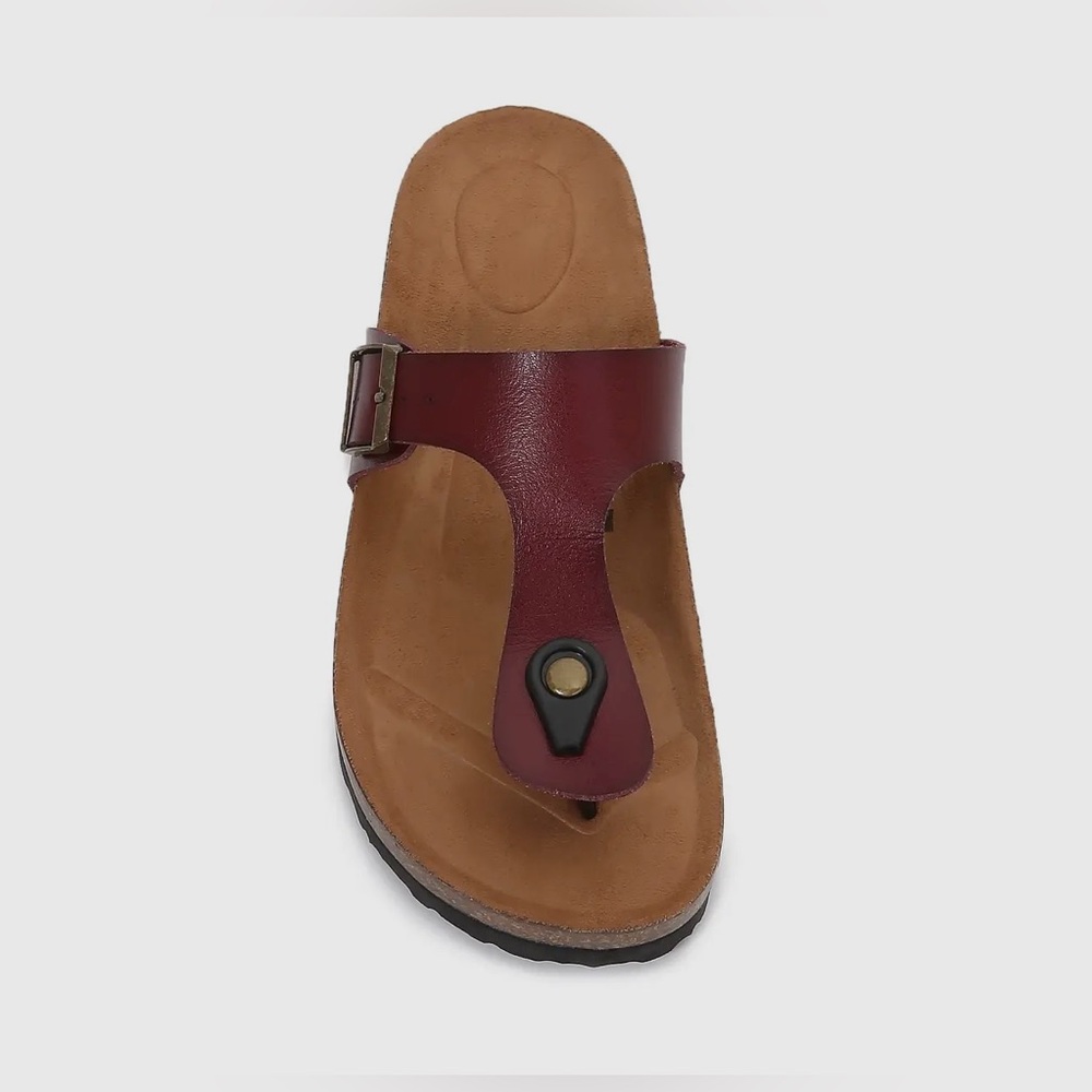 Deep Red Soft Cork T-Strap Sandals
